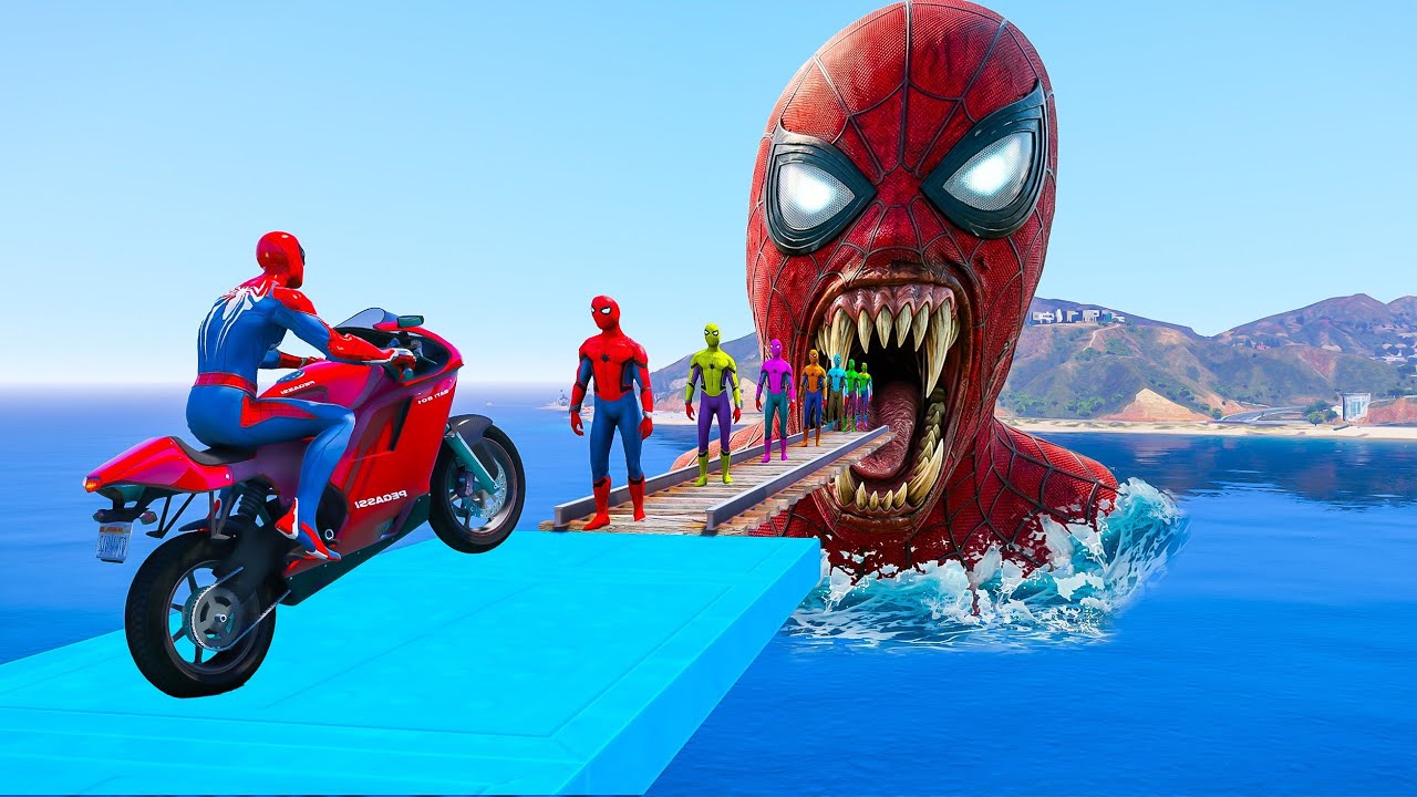 SPIDER MAN! 🏍️on Motorcycle in Spiral Bridge Stunt Ride Superheroes on ...
