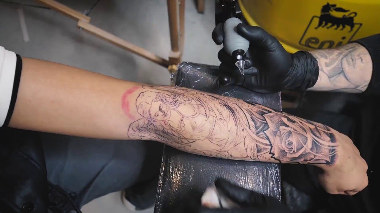 TATTOO TIMELAPSE   ROSE AND ANGEL TATTOO