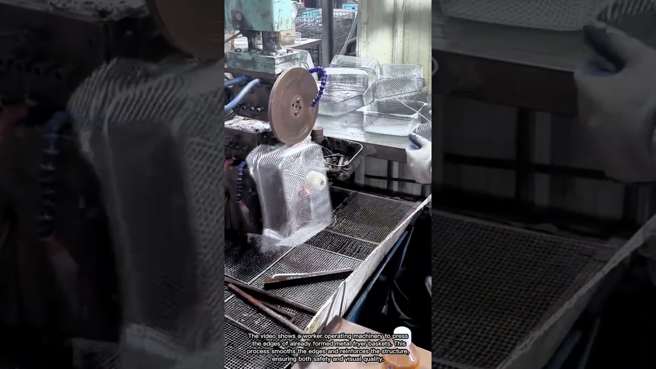 Metal fryer basket edge pressing process in action