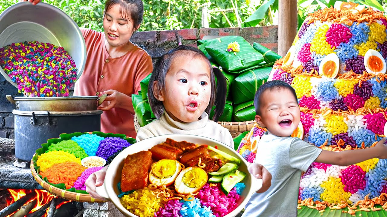 Making Natural Rainbow Sticky Rice with My Daughter and Son – Cooking and Selling at the Market
