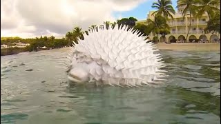 See How a Pufferfish Blows Itself Up! Puffer Fish Puffing and Floating in Hand Net while Snorkeling