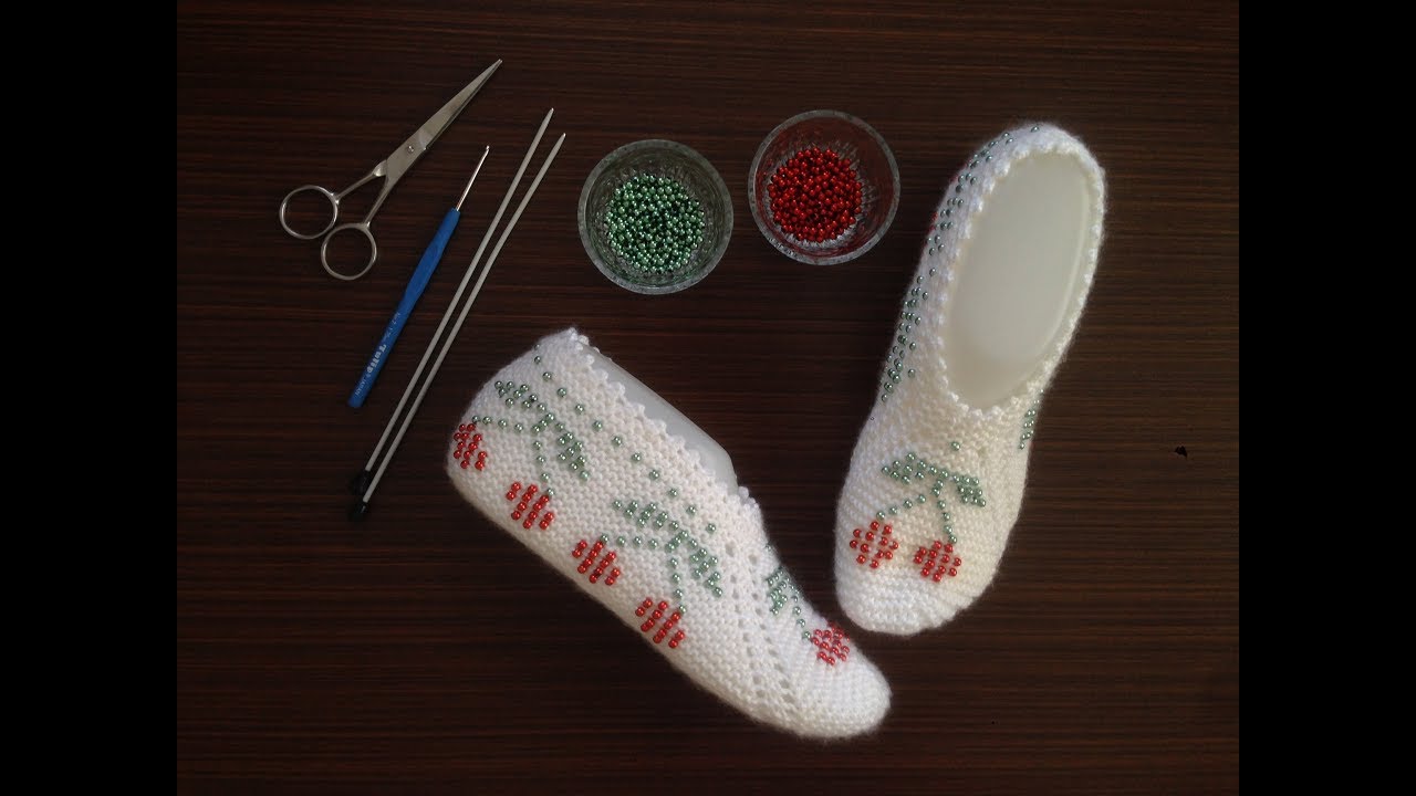 İki şiş Boncuklu kiraz motifli patik// çeyizlik kolay patik modeli