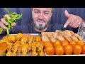 asmr eating spicy chicken curry spicy egg curry brown rice spicy puri green chili gravy mukbang