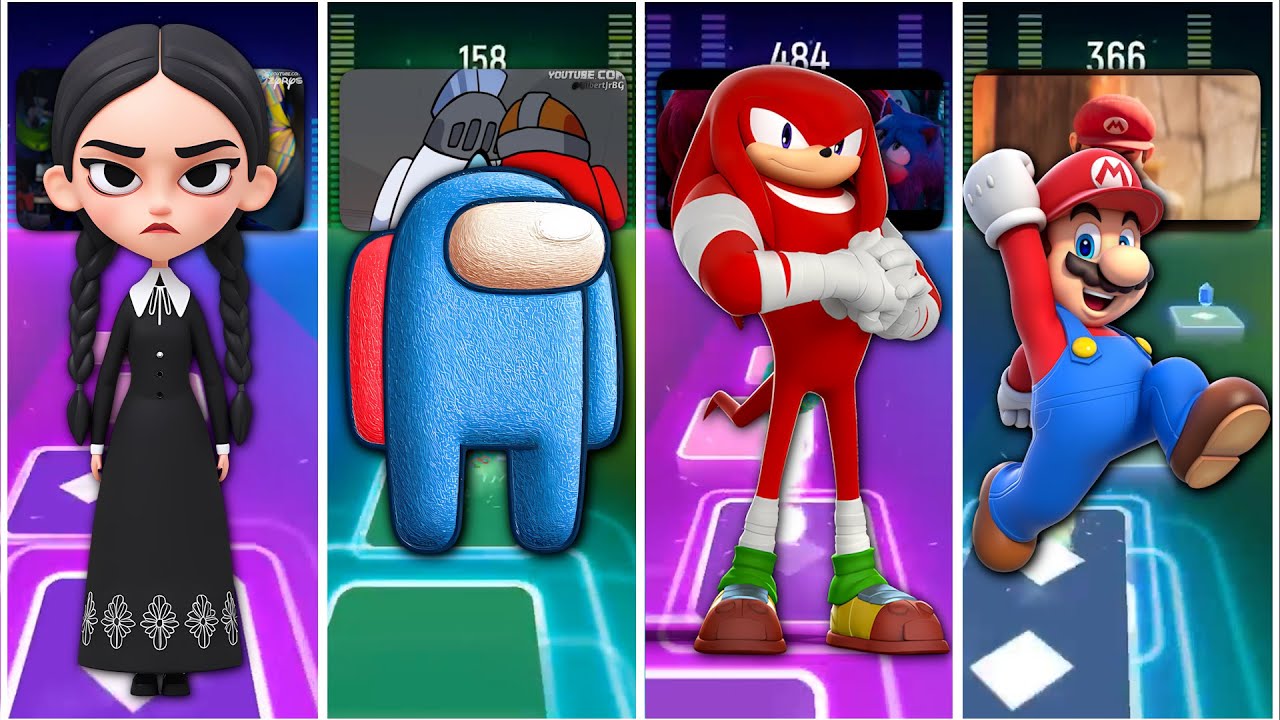 WEDNESDAY 🆚 AMONG US 🆚 SONIC 🆚 MARIO | TILES HOP CRUSH