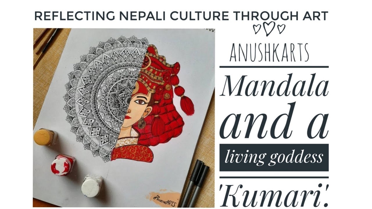 Acrylic painting of living goddess Kumari and half mandala. ||AnushkARTS