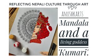 Acrylic Painting Of Living Goddess Kumari And Half Mandala. Hkarts