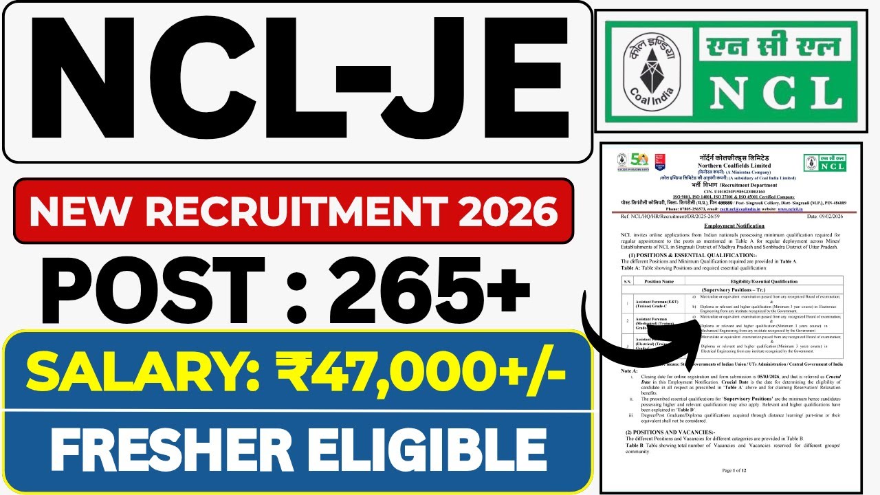 NCL Recruitment 2026 । Diploma Jobs। Coal India Recruitment 2026। NCL Vacancy 2026। Jobs 2026