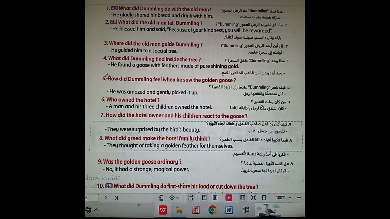 شرح وحل الفصل الثاني من قصة الاوزة الذهبية The Golden Goose لطلاب الصف الأول الاعدادي ترم ثاني ٢٠٢٦