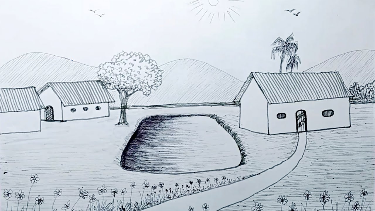 How to draw Freehand Landscape Scenery || Village Scenery Drawing