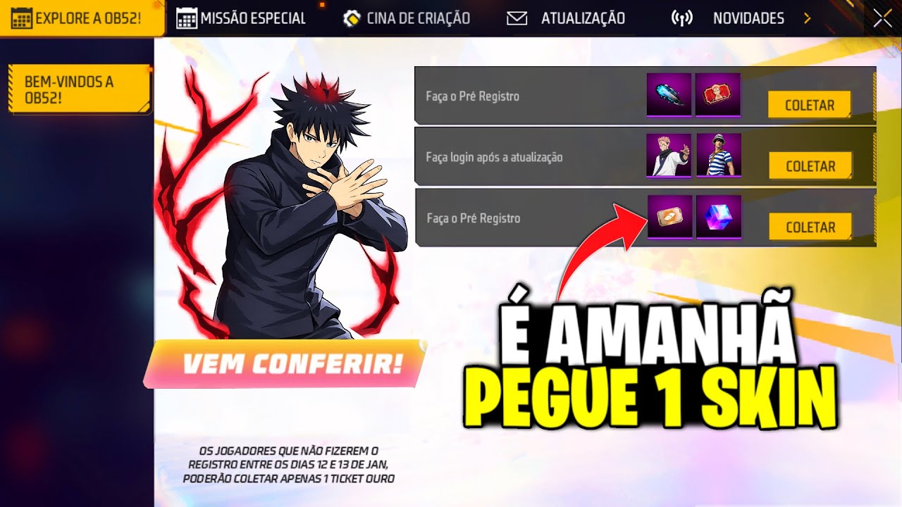 É AMANHÃ! PEGUE SEU CODIGUIN, MEGUMI FÁCIL, PUNHO E SKINS GRÁTIS NO FREE FIRE