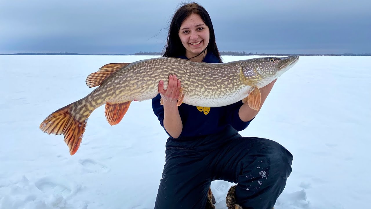 Ice Fishing Giant Northern Pike With My Sister "Lake Winnipeg North
