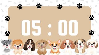 5-Minute Timer | With Upbeat Playful Music & Alarm Bell | Cute Dogs and Paw Prints Theme 🐾 🐶