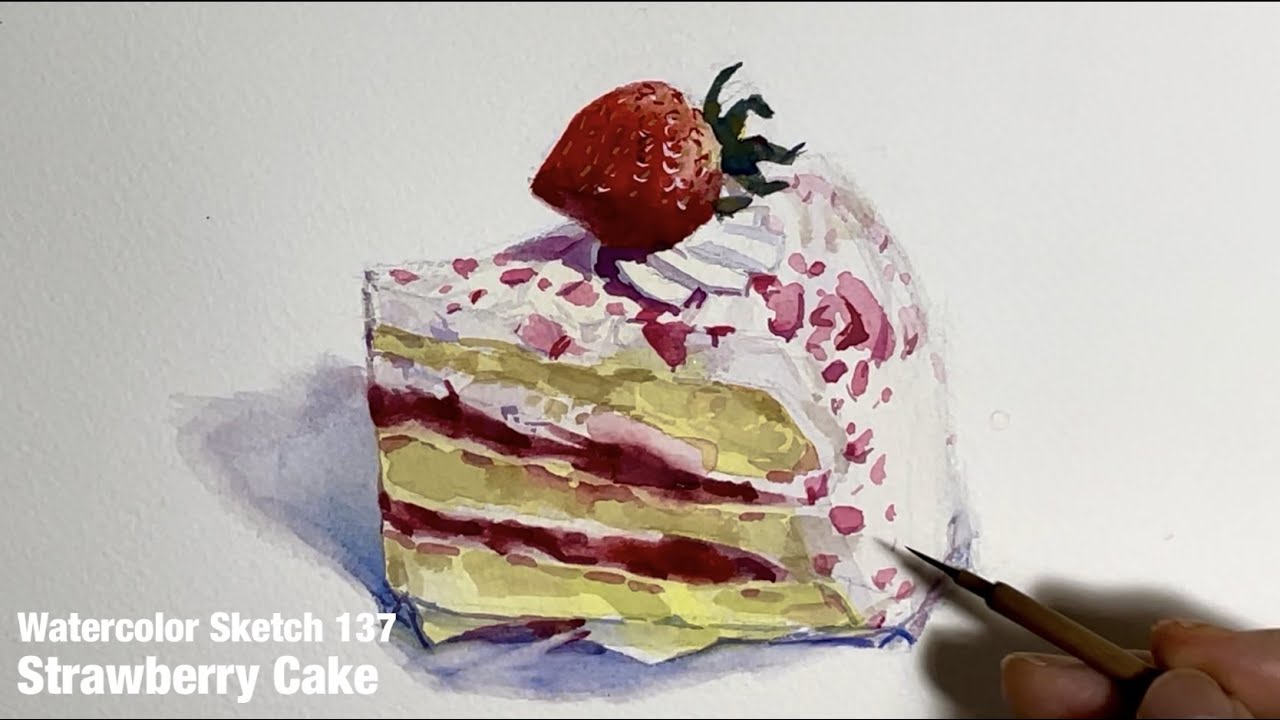 Watercolor Sketch 137/How to paint a strawberry cake 水彩スケッチ