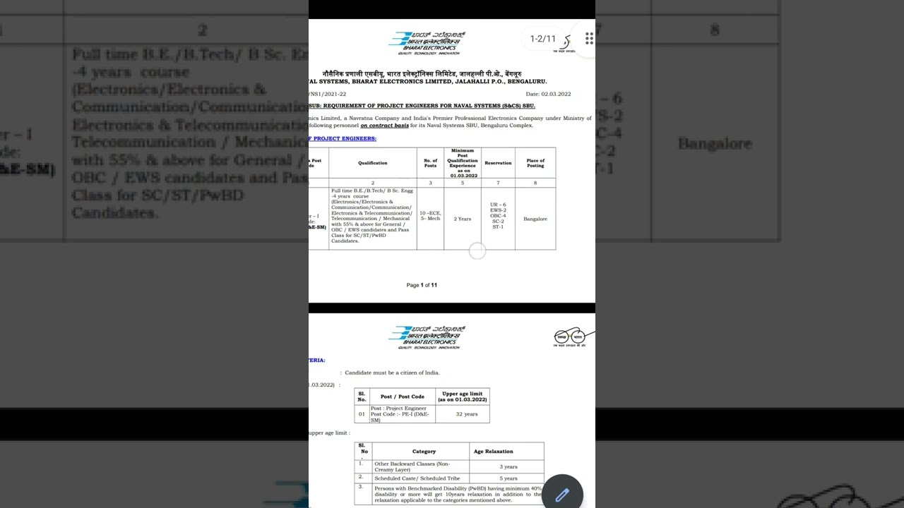 BHARAT ELECTRONICS LIMITED (BEL) Project Engineer Jobs notification - Nice Pay 