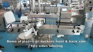 Automatic bucket drum sticker labeling machine,front and back side two side sticker labeling labeler