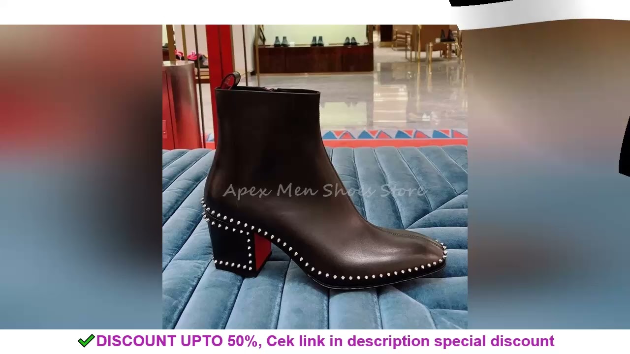 Genuine Leather Men's Studded Rivet Ankle Boots Black Chunky Heel Side Zip Streetwear Trendy Boots A