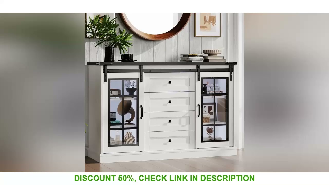 Vabches Storage Cabinet with 4 Drawers&2 Slide Glass Door Wood Storage Organizer Cabinet with LED Li