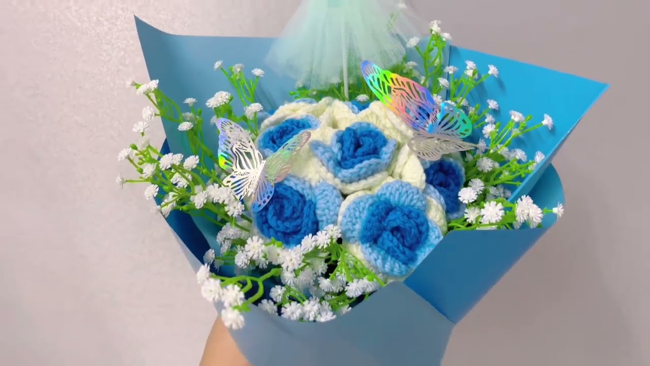 Hand-Crocheted White-to-Blue Gradient Roses Bouquet