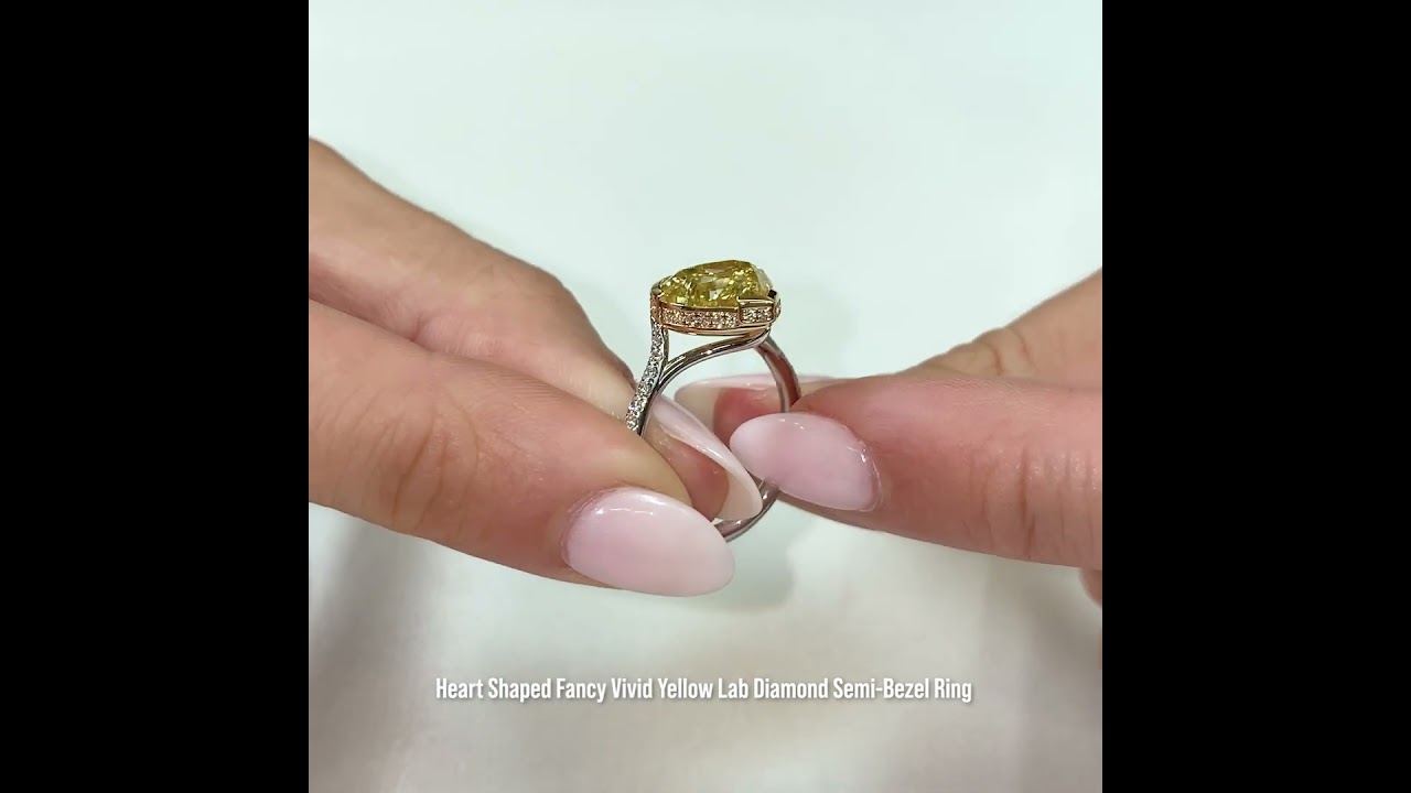 4.01 carat Heart Shape Fancy Vivid Yellow Lab Diamond Semi-Bezel Ring