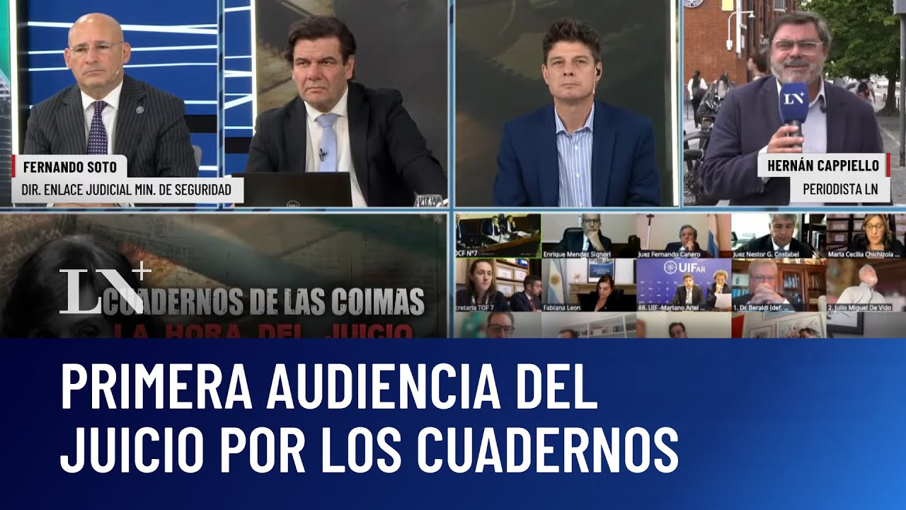Primera audiencia del juicio de los cuadernos; lectura de las acusaciones