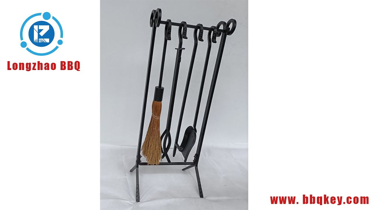5 Piece Hand Forged Iron Fireplace Tool Set with Poker, Tongs, Shovel, Broom, and Stand - FT008