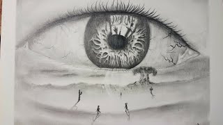 Detailed freehand Zombie eye landscape surreal pencil drawing timelapse