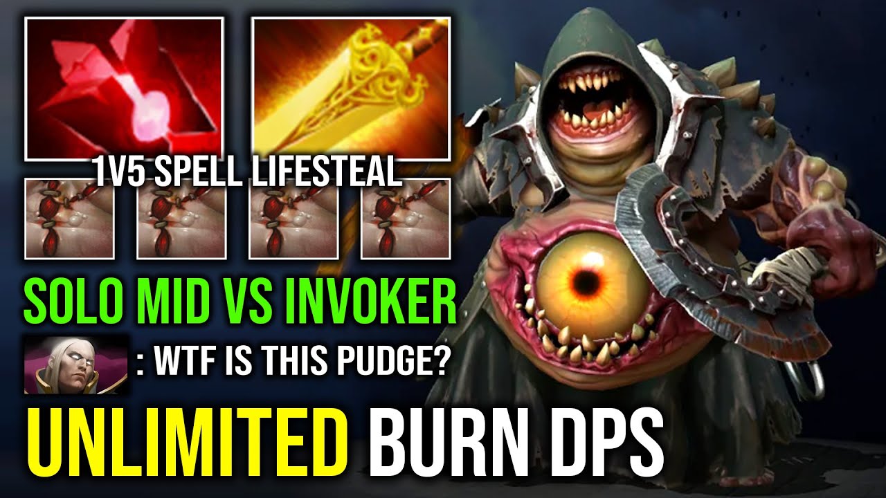 WTF 210 Radiance Burn DPS Solo Mid Pudge Vs Invoker with 1v5 Raid Boss Max Spell Lifesteal Dota 2