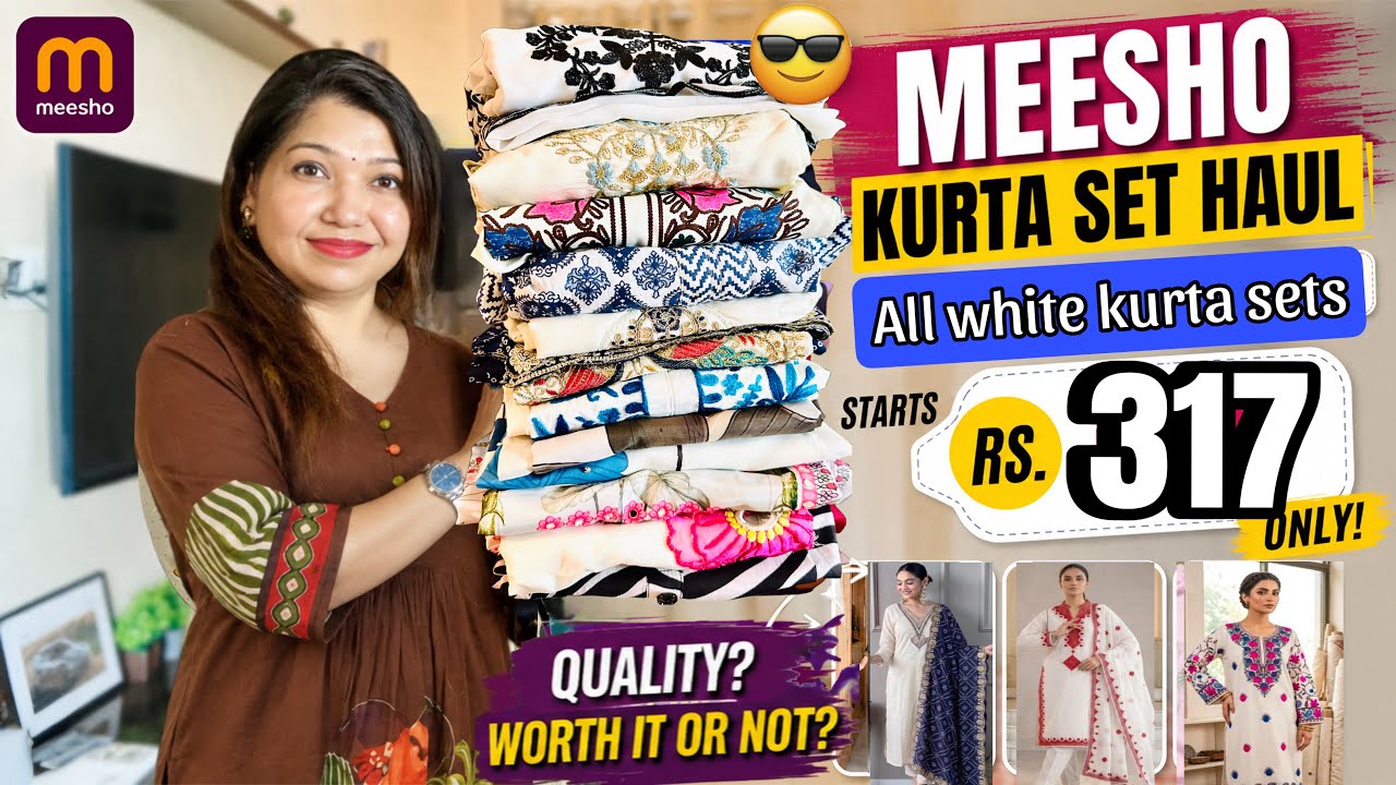 🌻सिर्फ़ ₹317 ! Meesho All White Embroidered Cotton Kurta/Coord Set Haul|wedding /party /office🌻