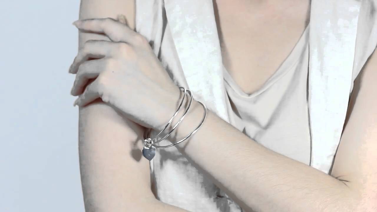 925 Silver Plated Brass Bangle Set Heart Charm Triple Bracelet