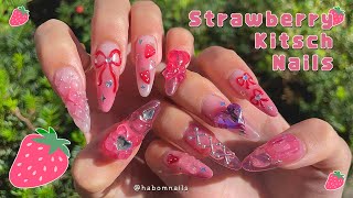 Strawberry Tanghulu Nail Art🍓/ Gradient with air brush / Syrup Nail / Drawing Ribbon🎀
