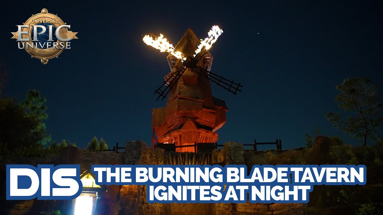 The Burning Blade Tavern Lights on Fire at Night in Dark Universe | Universal Epic Universe