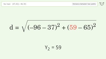 Find the distance between two points p1 (37,65) and p2 (-96,59): Step-by-Step Video Solution