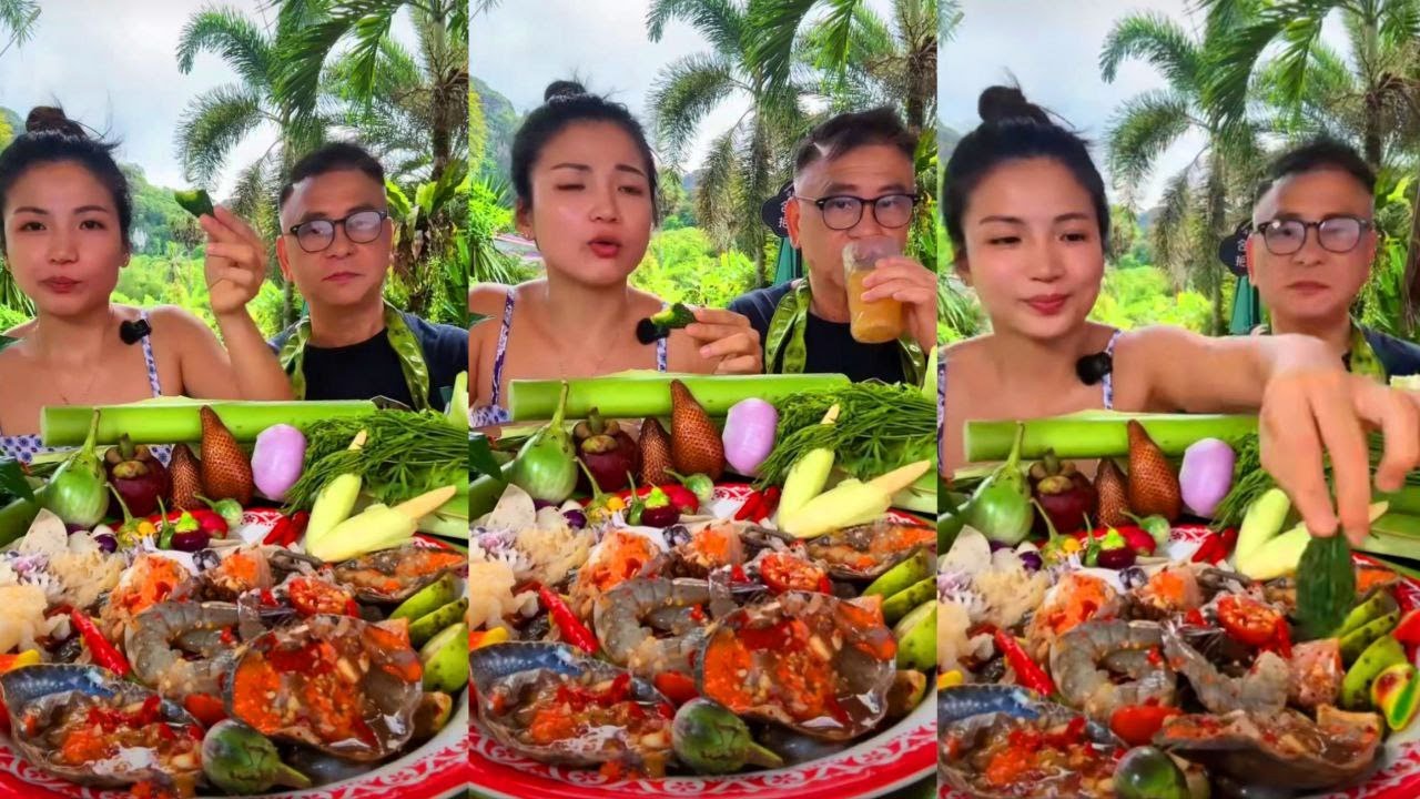 SPICY RAW SEAFOOD SALAD! 🦀 Extreme Thai Mukbang & Crunchy Vegetables ASMR