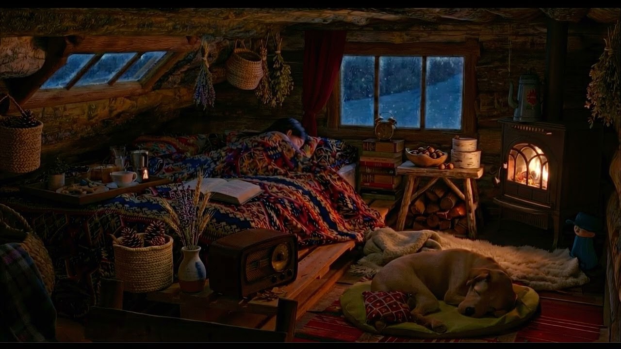 Крепкий сон в уютной зимней хижине | Расслабляющее потрескивание камина, звуки метели и ветра