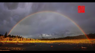 Timelapse with gorgeous view of clouds, sunset and rainbow at Burnaby Lake