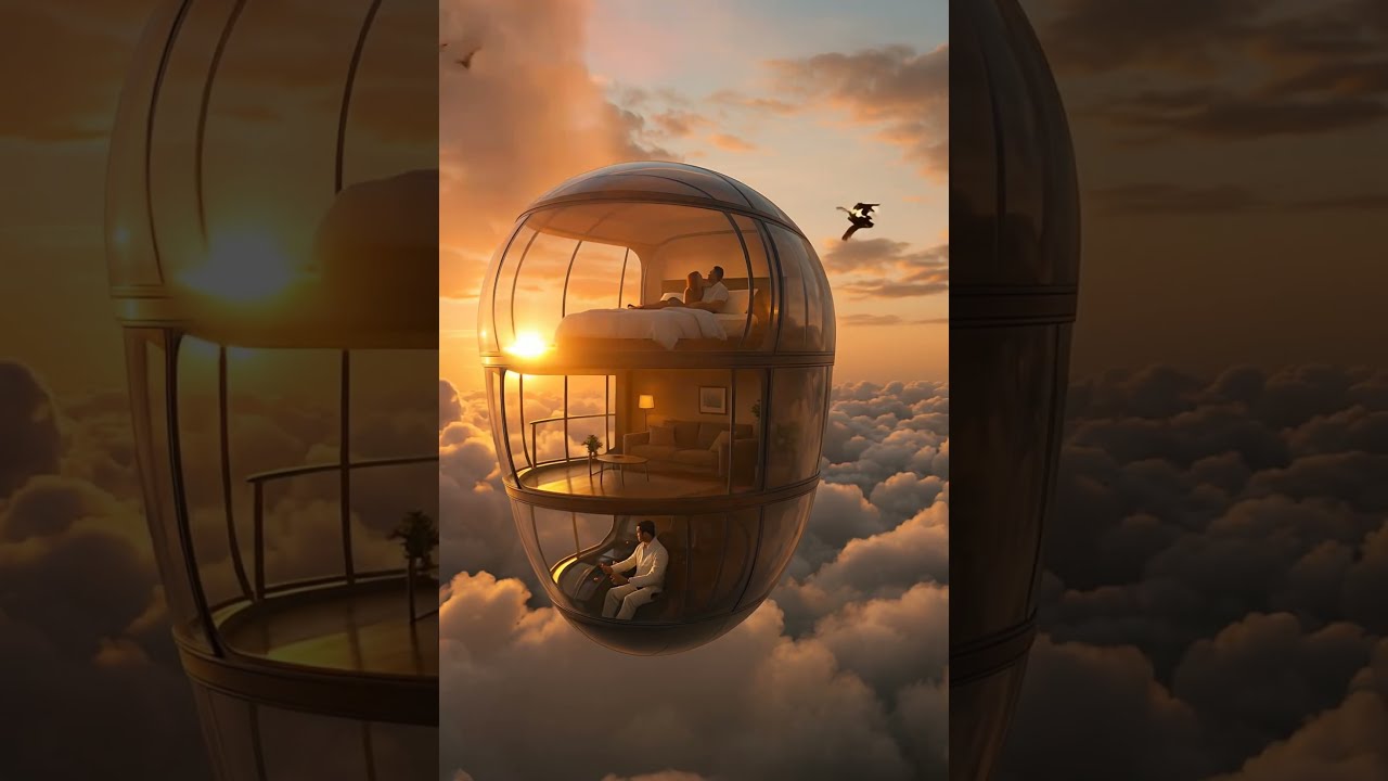 "Floating Glass Home in the Clouds at Sunset