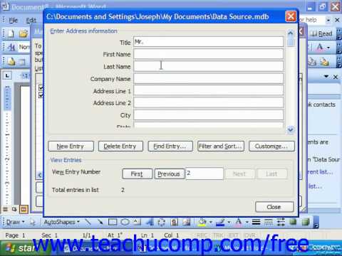 Word 2003 Tutorial Enter Delete Records in Data Form 2003 & XP Microsoft Office Training Lesson 20.3