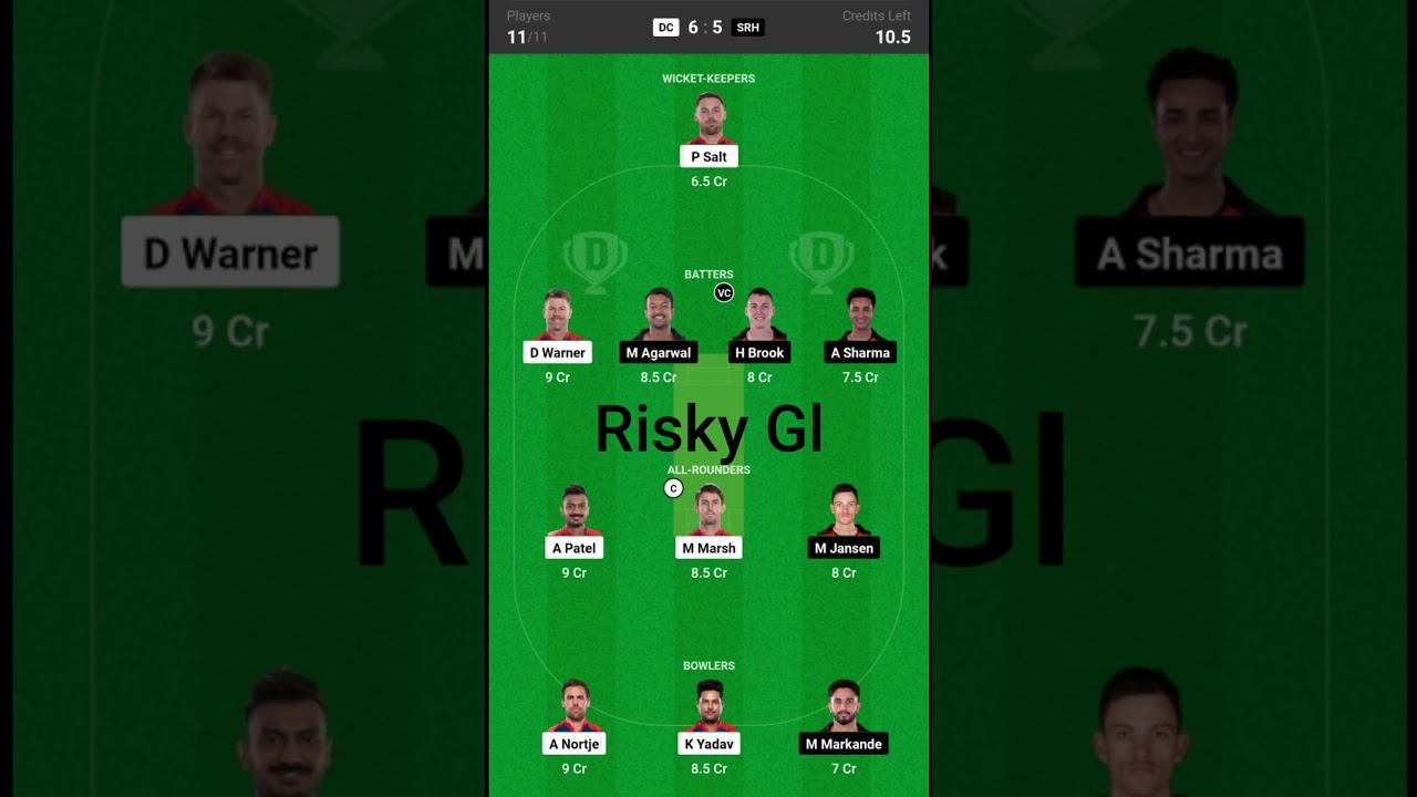 DC VS SRH Dream11 Gl Team 