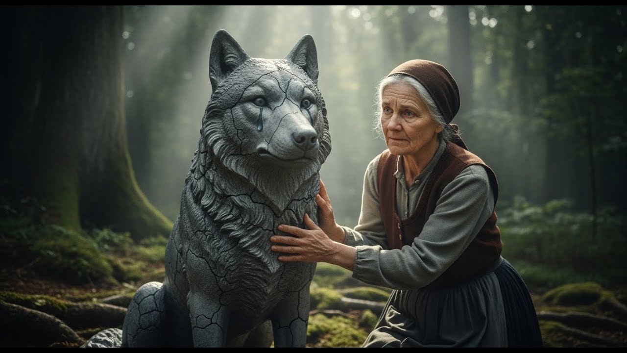 Un lobo de piedra llorando fue encontrado por una anciana en el bosque… al tocarlo, algo imposible