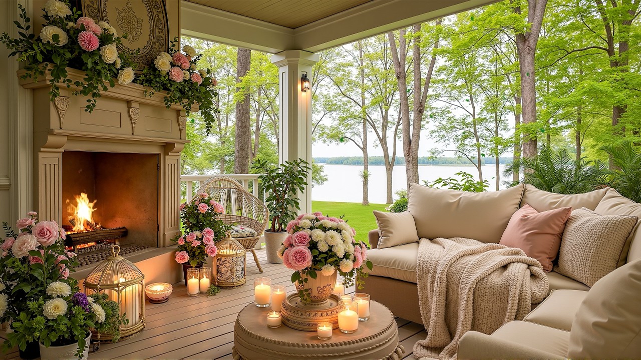 Peaceful Spring Wooden Porch 🌿 Natural Oak & Rustic Timber, Fireplace Glow and Gentle Piano Music