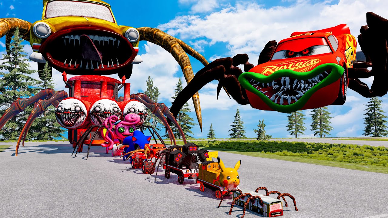 ALL MONSTERS Big & Small Cars Downhill Madness with CAR EATER & McQUEEN EATER  BeamNG.Drive