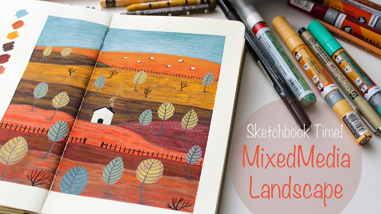 Mixed media Landscape - Acrylic Markers - Neocolor II - Gouache