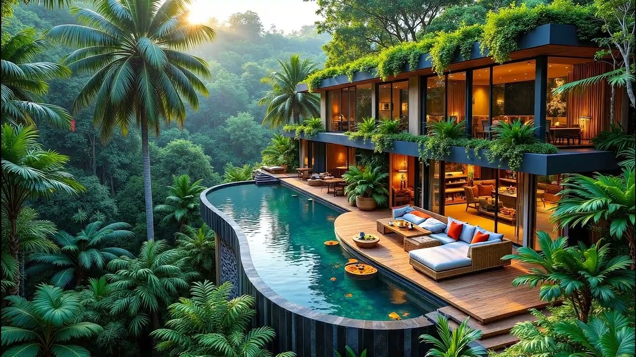 Quiet Jazz In Forest Villa Cafe | Morning Tranquill Jazz With Outdoor Cafe Ambience For Study, Work