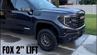 2 Fox Coilover Suspension Lift Before and After 2023 GMC Sierra Elevation