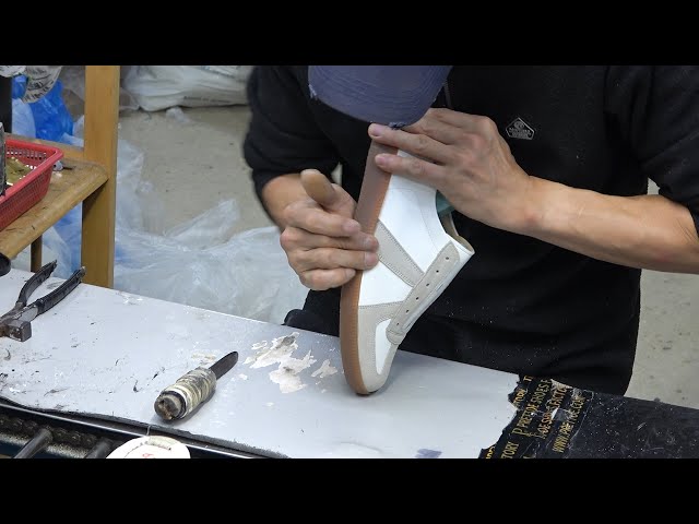 Old Shoe Factory in Korea. German Army Sneakers Making Process class=