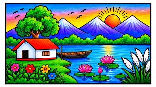 Easy River Scenery drawing | Beautiful Mountain Village Landscape Drawing Step by Step | ছবি আঁকা 