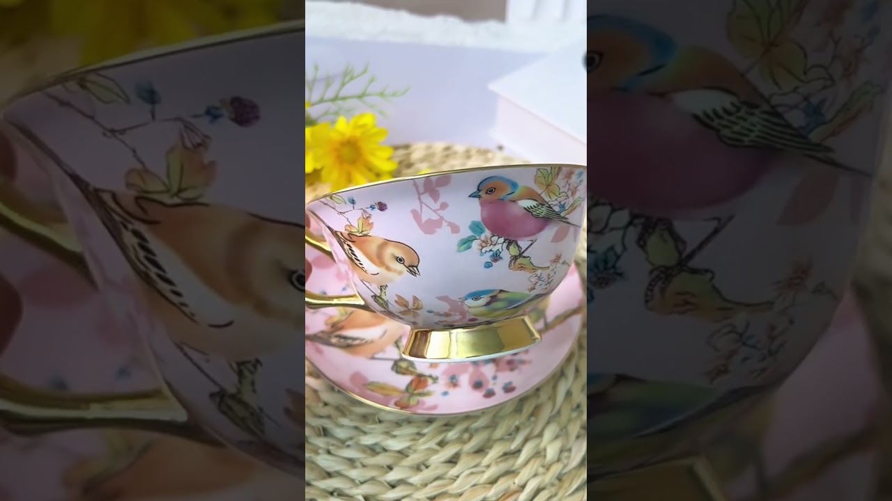 Pink Bird Tea Cup and Saucer Set Bone China 
