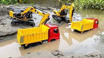 Excavators work under the river #Roller truck, Dump truck toys | Car Videos