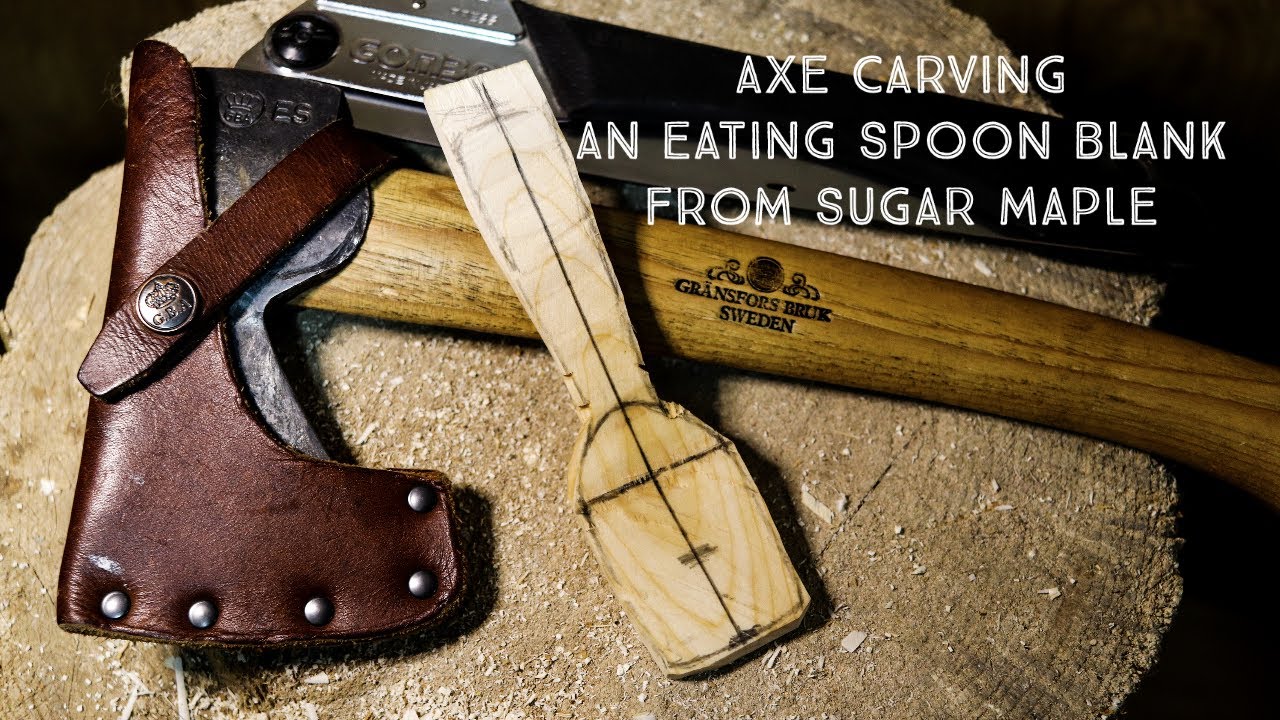 Axe Carving an Eating Spoon Blank from Canadian Sugar Maple Wood