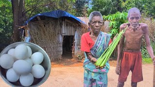 100years old grandma and grandpa lifestyle || cooking EGG curry with KACHU SHAK || hard lifestyle